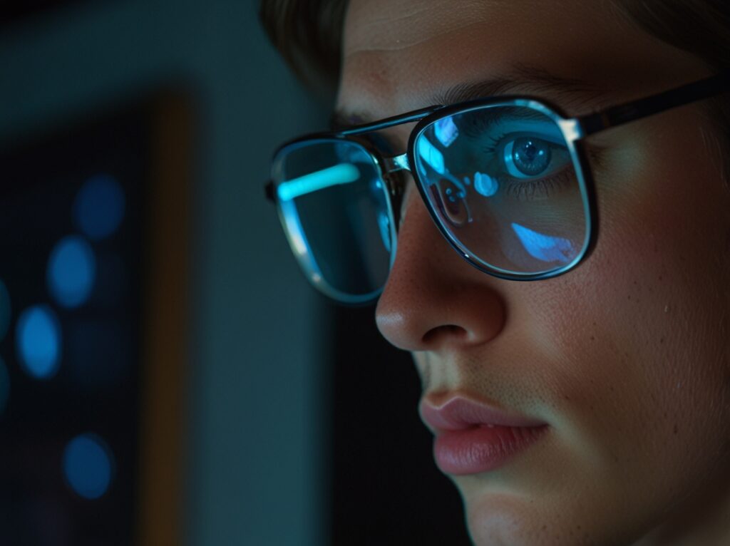 man wearing blue light glasses